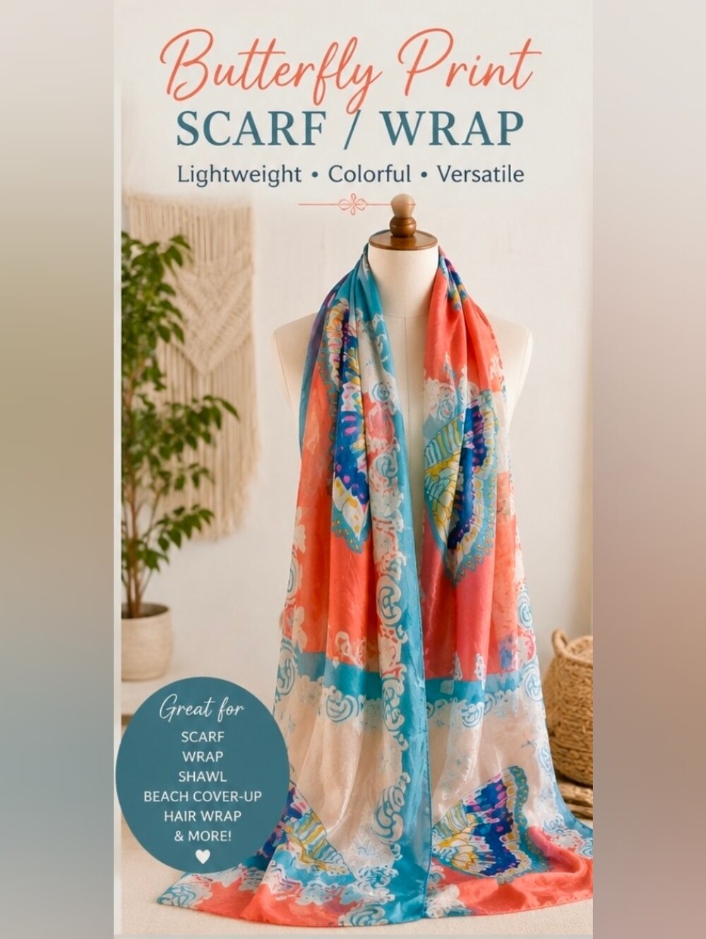 Colorful Butterfly Print Lightweight Scarf Wrap Shawl Blue Coral Boho